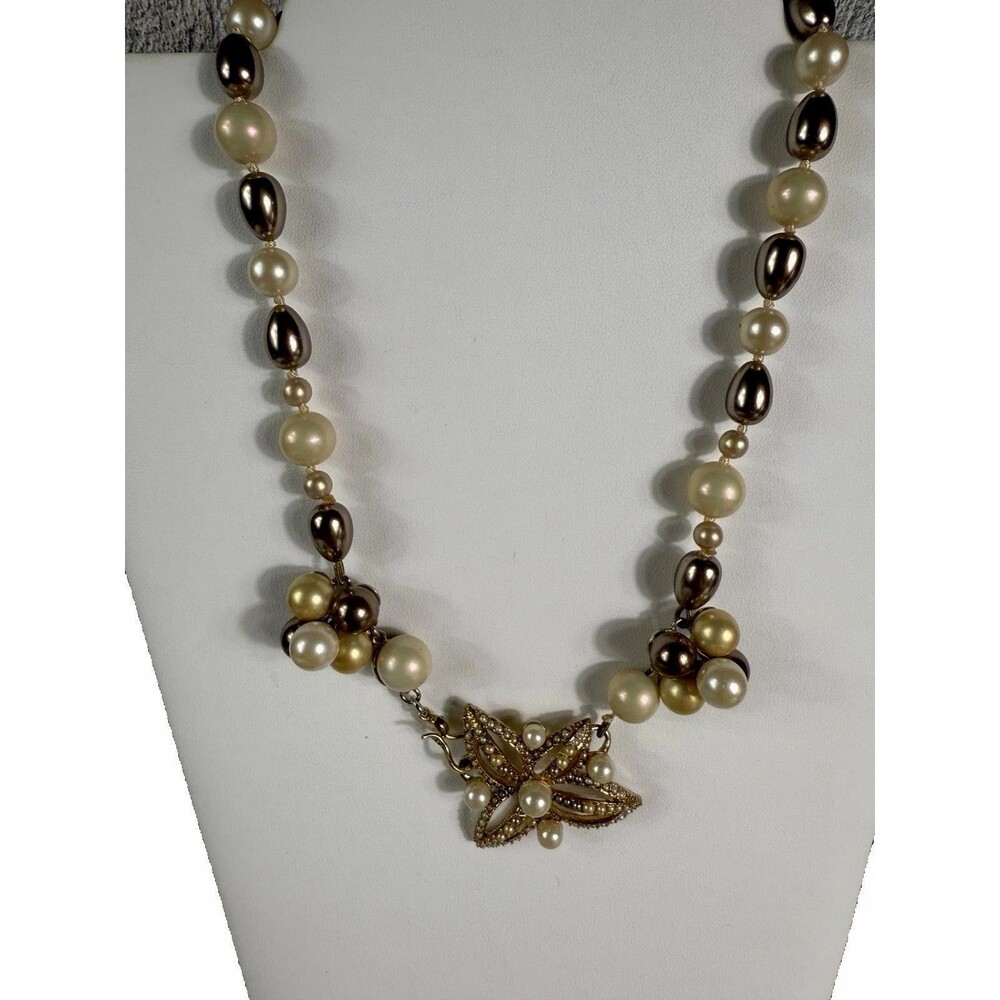 VTG Monet Pearl Multicolor Ornate Clasp 1950s Signed Runway Gold Tone Necklace